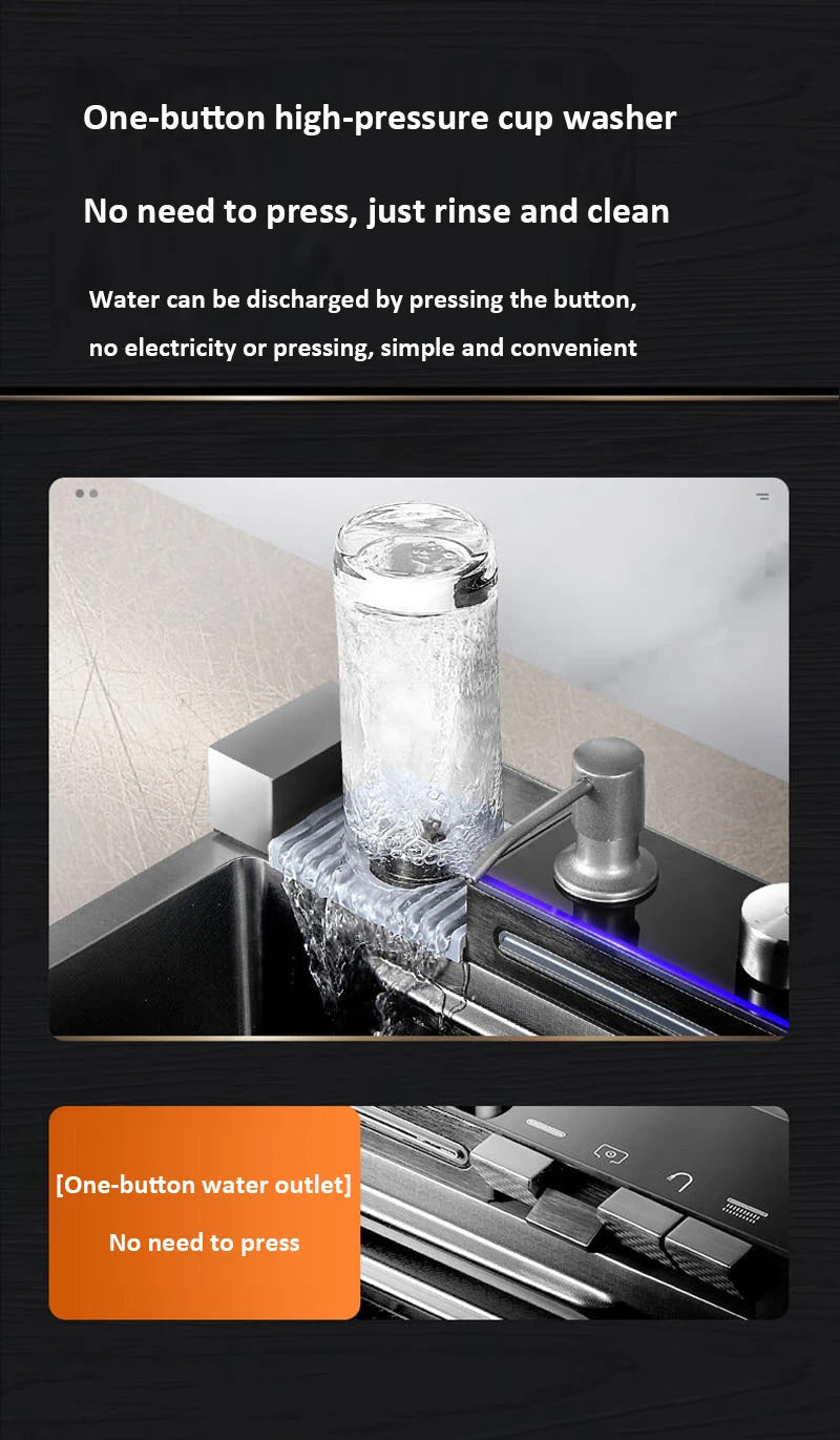 Kitchen Basin Stainless Steel Waterfall Sink Large Single Slot Integrated Digital Display Faucet Set Soap Dispenser Cup Washer