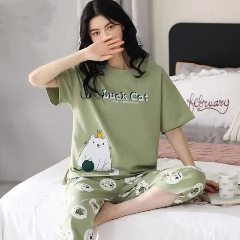 Sommer Neue Damen Pyjamas Homewear Set Kurzarm Pyjamas frauen Sommer Einfache Koreanische Cartoon Lose Große Größe Homewear.