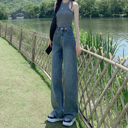 High Waist Straight Leg Jeans Women's Summer New 2025 Small Size Wide Leg Loose Drapey Slimming Floor-Length Pants.