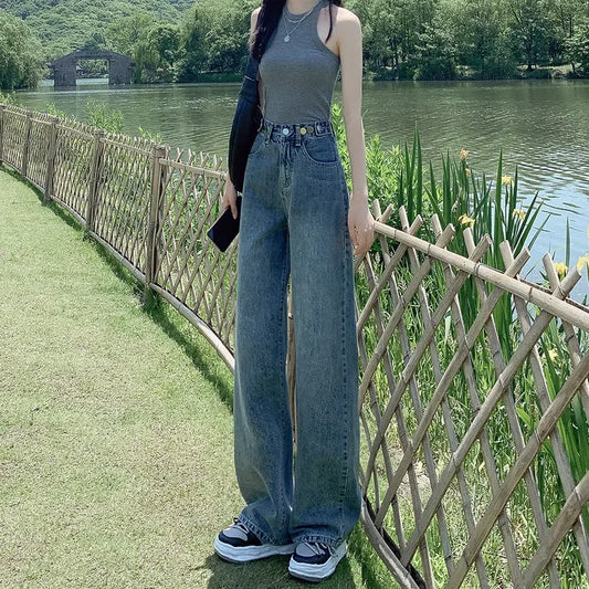 High Waist Straight Leg Jeans Women's Summer New 2025 Small Size Wide Leg Loose Drapey Slimming Floor-Length Pants.