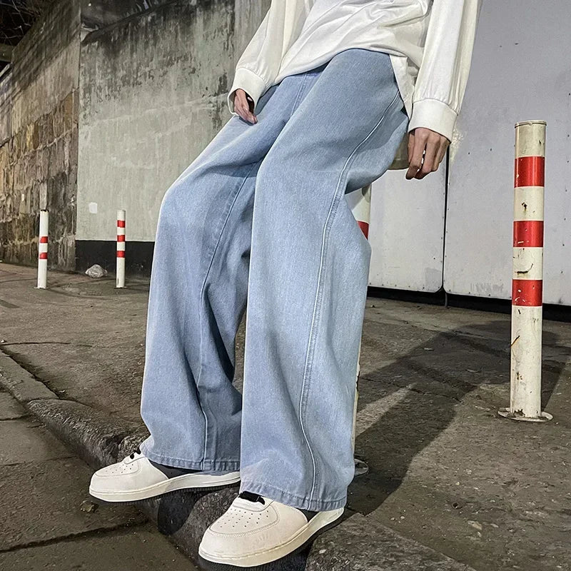 2024 New Men's Jeans Korean Casual Pants High Street Straight Student Loose Wide Black Grey Blue Baggy Denim Pants.