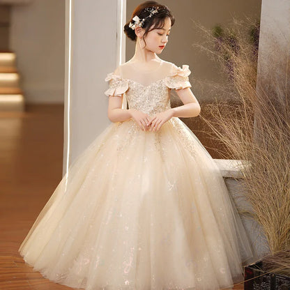 Neue Jugend Mädchen Prinzessin Mesh Kleid Hochzeit Blumen mädchen Kleid Schul wettbewerb Klavier lange Leistung Kleid für 3-12 Jahre