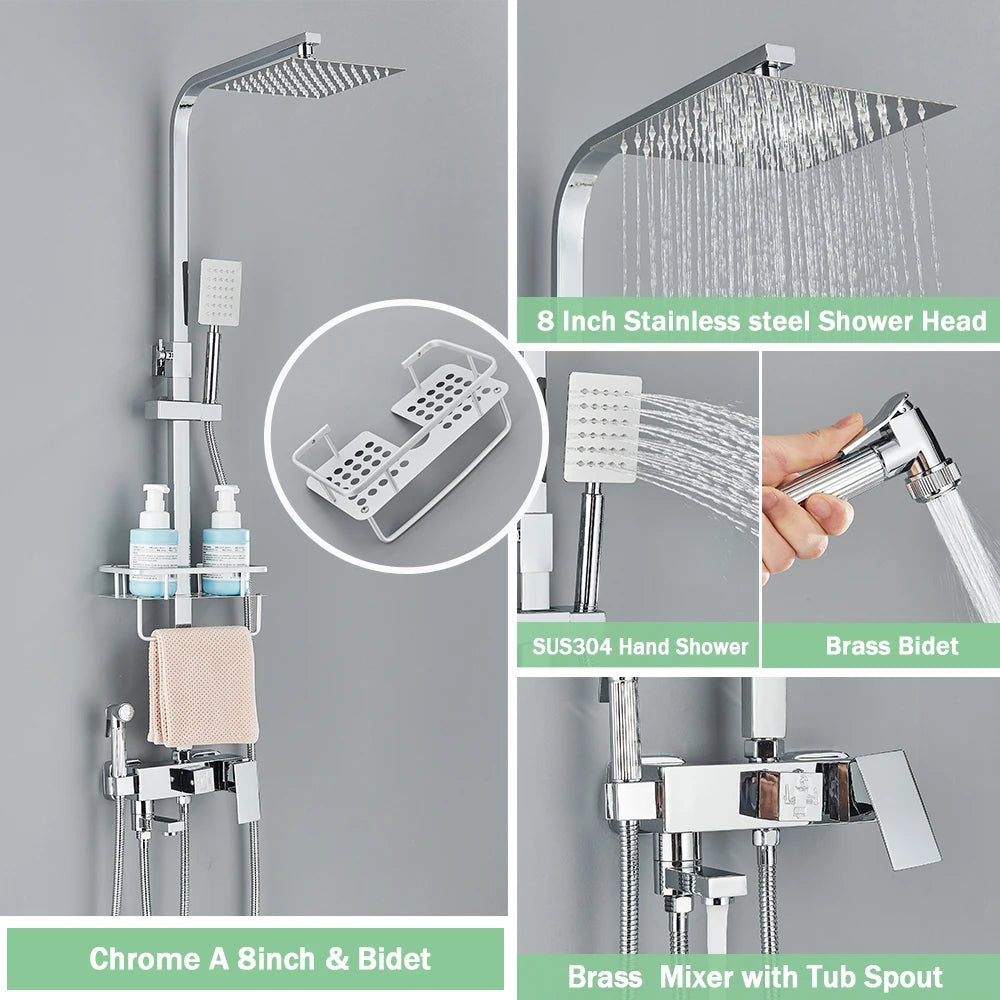 Rainfall Bathroom Shower Faucet Kit With Bidet Wall Mounted Stainless Steel Hot Cold Water Mixer Tap System With Rack,Tub Spout
