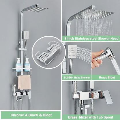 Rainfall Bathroom Shower Faucet Kit With Bidet Wall Mounted Stainless Steel Hot Cold Water Mixer Tap System With Rack,Tub Spout