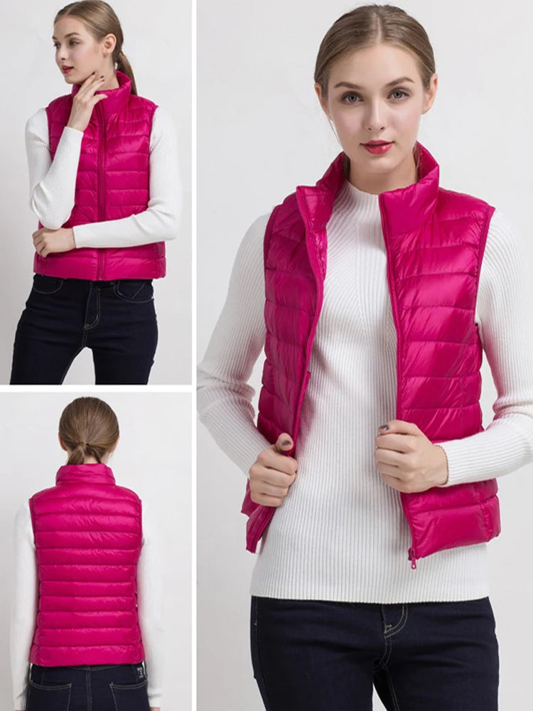 0-10 ℃   Frauen Westen Herbst Winter Ultra Licht Ente Unten Weste Weibliche Dünne Ärmellose Jacke Winddicht Warme Puffer Weste 4XL.