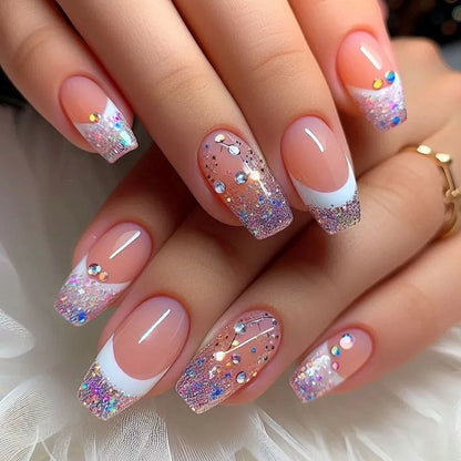 24Pcs Short False Nails with Shimmery Powder Ballet Nail Art Full Cover French Sheer Wearable Nail Manicure Tips for Girls Daily