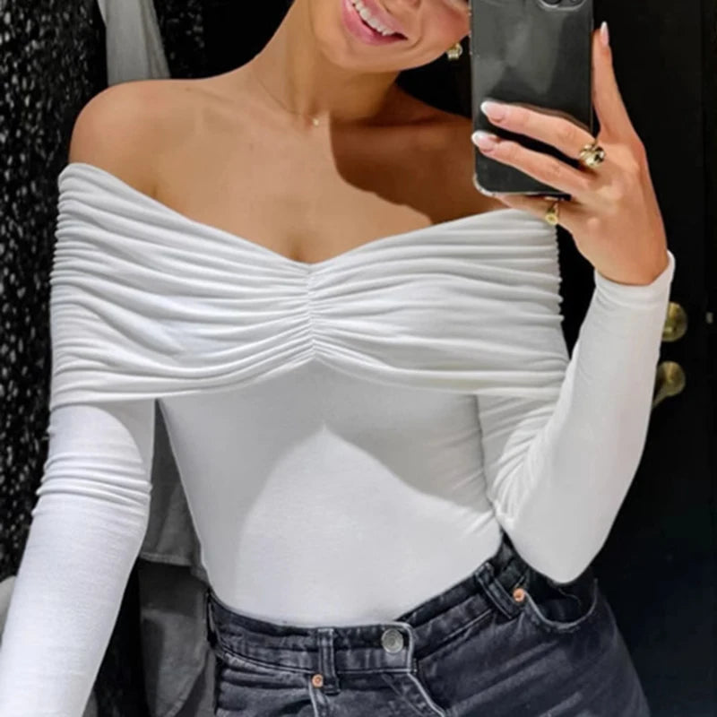 Talenza Sexy Ruched Top Women's One-Shoulder Long Sleeve Backless Solid Pullover Top Summer Female Office Lady Casual Top Women