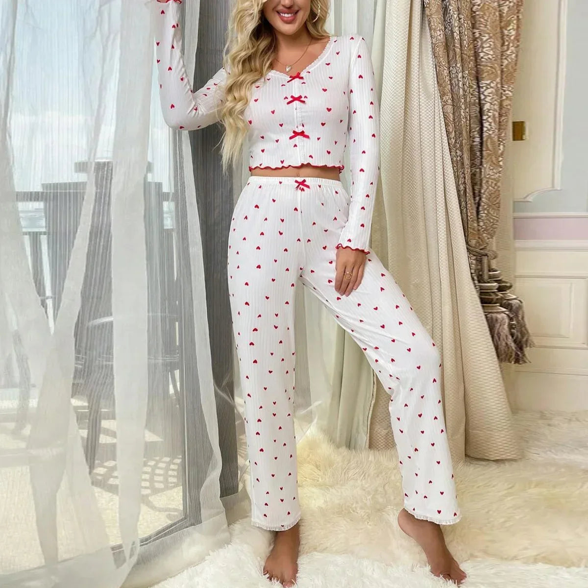 Pyjama-Set mit Herz-Druck, geripptem Rüschenbesatz für Damen, Nachtwäsche, gestrickt, V-Ausschnitt, lockere Oberteile, elastische lange Hosen-Sets, Homewear.
