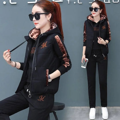 2024 Autumn Winter New Women's Casual Sweat Suit Fashion Plush Thickened Hooded Tops Waistcoat Pants 3 Three Piece Set For Women.