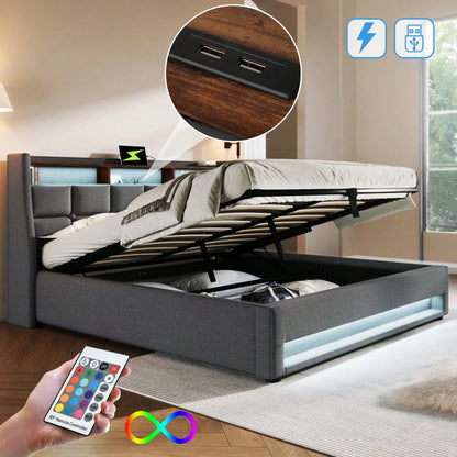 KOMHTOM Boxspringbett mit Stauraum, Polsterbett 180 x 200 cm Doppelbett mit LED und 2 USB, ohne Matratze