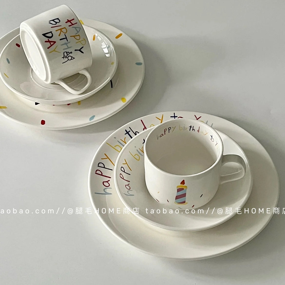 Korean Plate Designer Cute Happy Birthday Tableware Ceramic Coffee Cup Plate Dessert Cake Plate Cup Creative Birthday Gift.