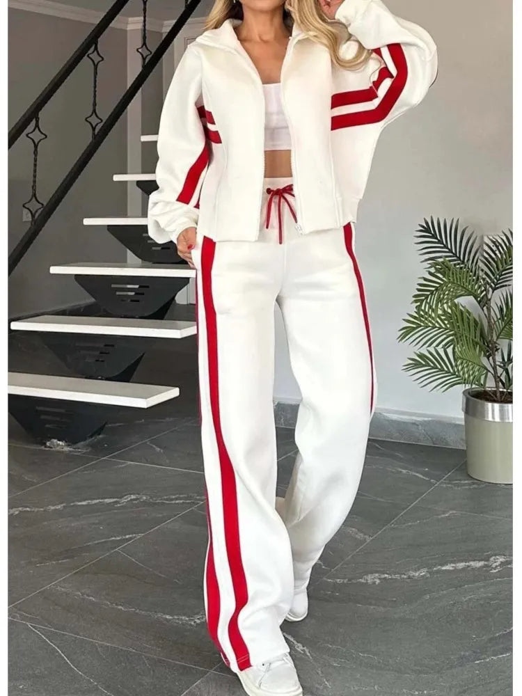 Fashion Striped Hoodie Set For Women Casual Long Sleeve Zip Tops+High Waist Wide Leg Pants 2 Piece Sets Lady Y2k Sports Clothes.