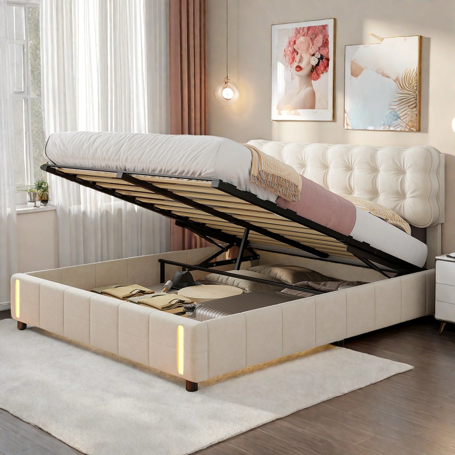 Rosahqnda Kissen Bett Kissen Bett mit Stimmungslicht, gepolstertes Bettgestell in Samtbeige, Kinderbett, ohne Matratze