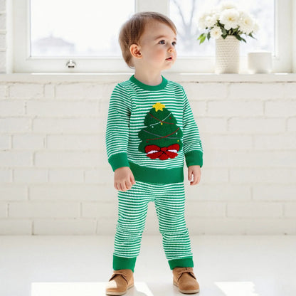 Weihnachts-Baby-Kleidung aus Baumwolle, 2-teiliges Set, 0–3 Jahre, gestreiftes Sweatshirt und Hose für Kleinkinder mit besticktem Weihnachtsbaum-Outfit.