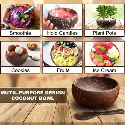 Wholesale Natural Coconut Bowls For Serving Dishes Salad Oatmeal Yogurt Reusable Wooden Coconut Shell Bowl Kitchen Tableware Set.