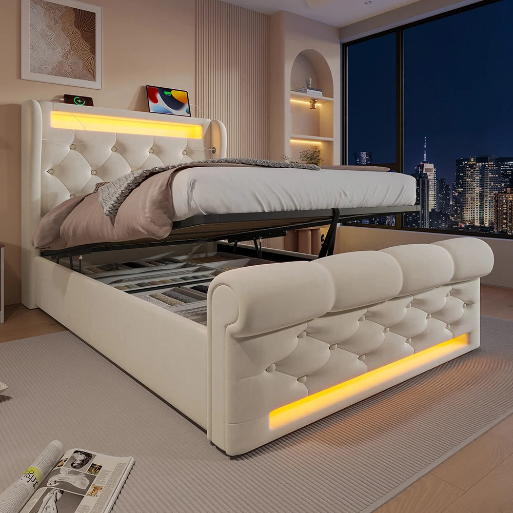 KOMHTOM Modernes Polsterbett Einzelbett 90x200cm mit LED-Leuchten, USB- und Typ-C-Anschlüssen, Hydraulisches Stauraumbett