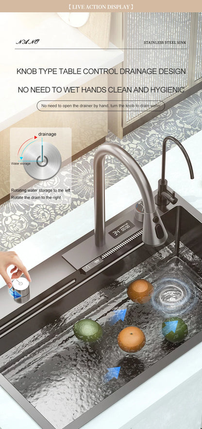 Waterfall Sink Kitchen Stainless Steel Topmount Sink Large Single Slot Wash Basin With Multifunction Touch Waterfall Faucet