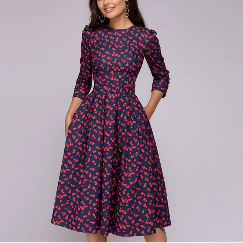 2023 frühling AutumnOffice Dame Knie Länge Elegante Vintage Langarm Party Kleider Frauen Floral Bedruckte Kleid Neue.