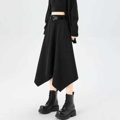 High Quality Irregular Woolen Skirt Women 2025 Autumn Winter New High Waist Slimming Midi Skirt Elegant A-line Faldas with Belt.