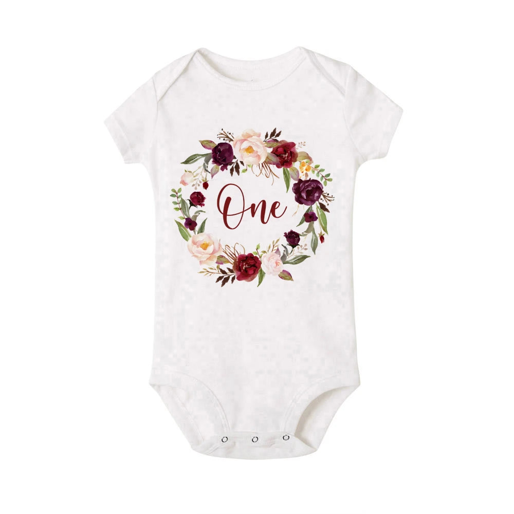 Kleinkind-Body mit Blumen- und Ein-Druck, lässig, kurzärmelig, für den ersten Geburtstag, Baby-Strampler, Sommer-Geburtstagsfeier, Blumenmädchen-Kleidung.