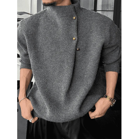 Vintage Trend Casual Autumn Winter New Men Turtleneck Solid Button Fashion Luxury Business Long Sleeve Pullovers Knitted Tops.