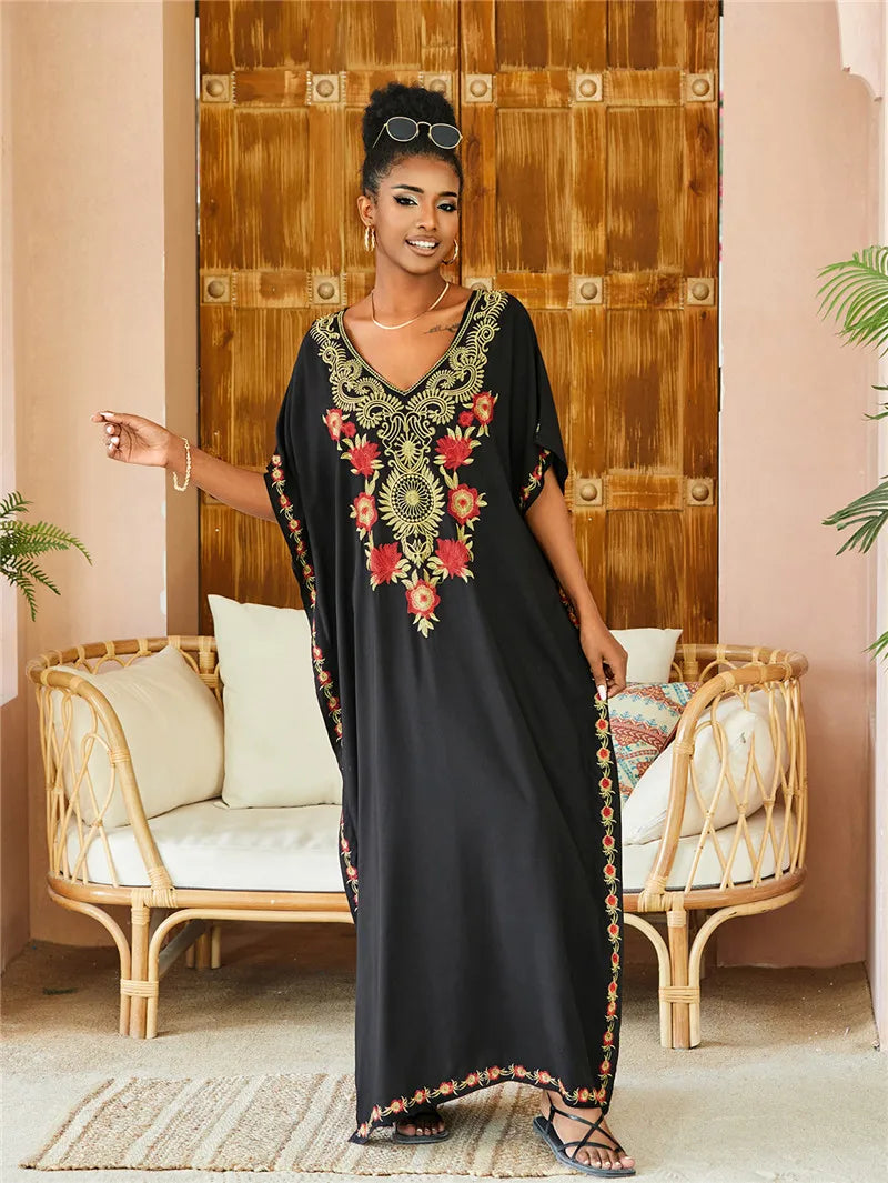 Women Embroidered Kaftan Dress Caftan Loungewear Long Bathing Suit Cover Up Beach Wear Vacation Outfit Loose Summer Women's Robe.