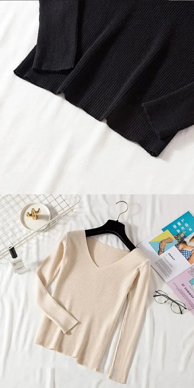 2025 mode V-ausschnitt Elastische Grundlegende Top Neue Frauen Pullover Herbst Winter Langarm Pullover Weibliche Winter Solide Strick Jumper.