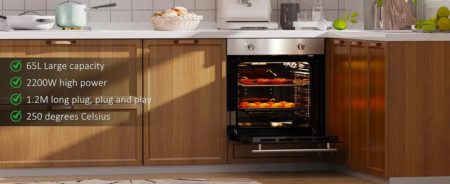 Karinear Electric Oven 65L Oven Built in Oven with accessories, Knob Control wtih 4 Functions 2200W Plug and Play 220V 60cm Wide.