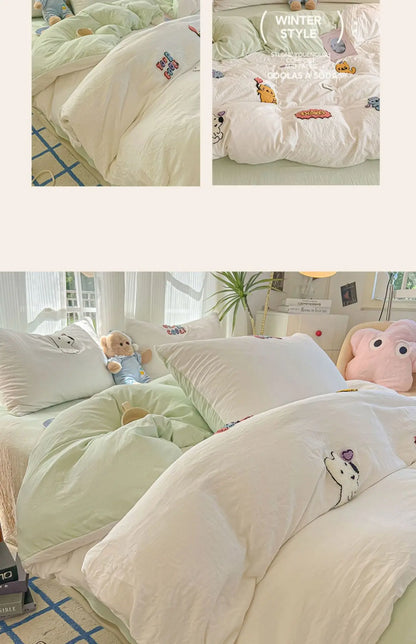 New washed cotton towel embroidery four-piece set animal paradise bed sheet bed hat home student dormitory three-piece set.