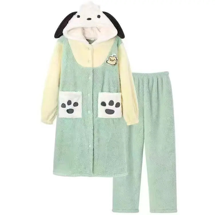 Winter Pochacco Sleepwear Women's Long Thickened Fleece Robe Set Cute Warm Flannel Student Outdoor Home Clothes Pajamas Set.