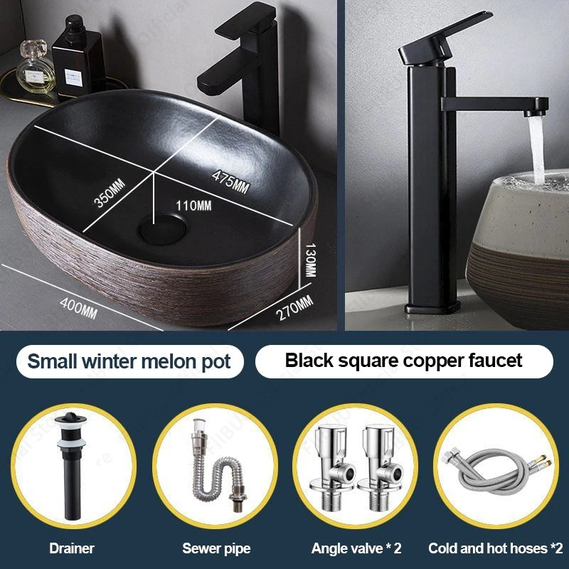 Braunes Porzellan-Keramik-Waschbecken über der Theke, Waschtisch, Schüsselbecken, Badezimmer, Sanitär, Balkon, Tisch, Waschbecken, Arbeitsplatte, ovales Waschbecken