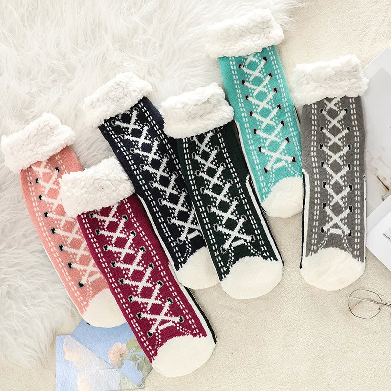 Fuzzy Fluffy Sock Women Winter Christmas Gift Warm Plush Non slip Home Sleeping Soft Female Floor Thermal Slipper Sock Snowflake.