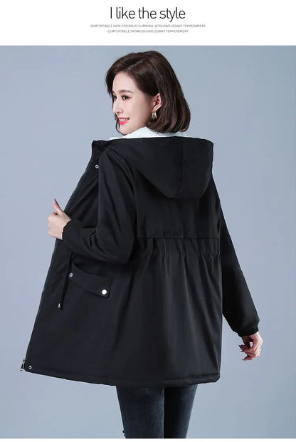 Fleece-gefütterte Kapuze, Daunenjacke, Wintermantel für Damen, warme, mit Kordelzug gepolsterte Parkas, mittellanger Mantel, Streetwear, gepolsterte Kleidung