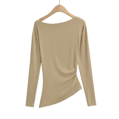 Long Sleeve One Shoulder T-Shirt Zhang Lu Si Spicy Girl Pleated Slimming Versatile Top Cotton Made in China Full Sleeve.