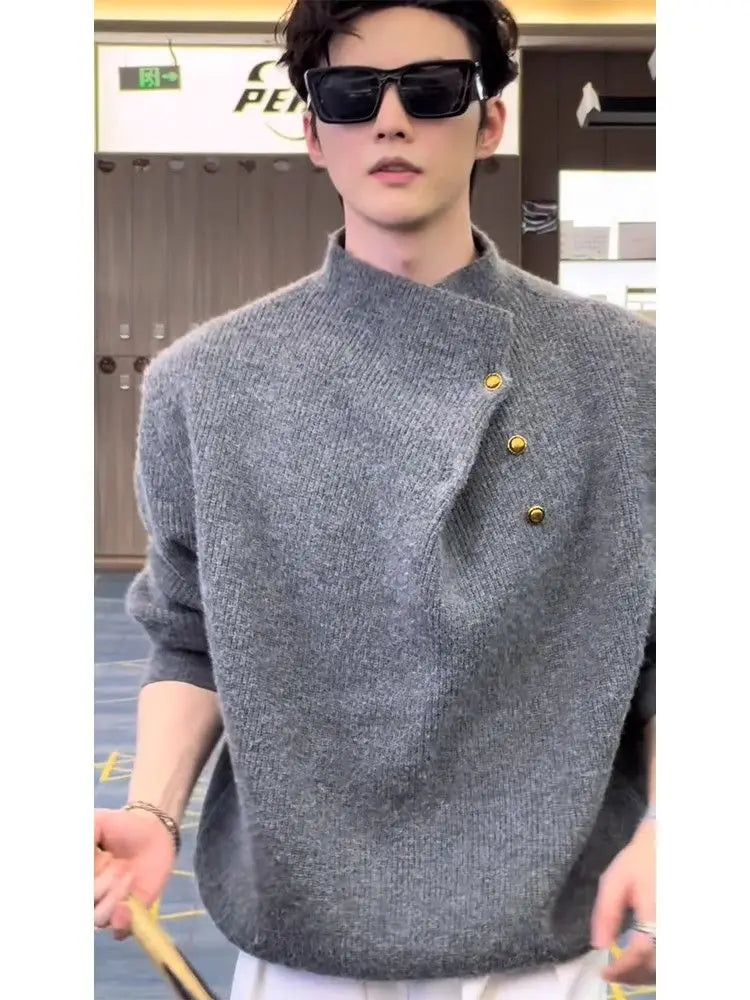 Irregular Button Turtleneck Sweater Men's Autumn and Winter Fashion Brand.