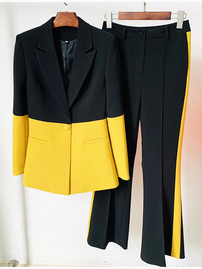 HIGH STREET Newest 2024 Designer Runway Suit Set Women's Single Button Color Block Blazer Flare Pants Suit
