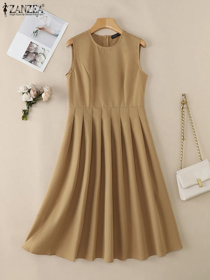 ZANZEA Elegante Frauen Plissee Midi Kleider Ausgestattet Taille Ärmel Solide Party Vestidos 2025, Sommer O Neck Pendeln Roben Femme.