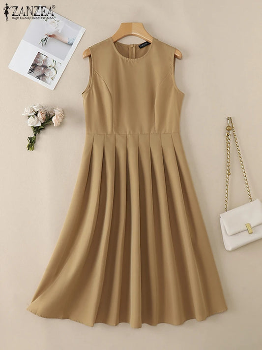 ZANZEA Elegante Frauen Plissee Midi Kleider Ausgestattet Taille Ärmel Solide Party Vestidos 2025, Sommer O Neck Pendeln Roben Femme.