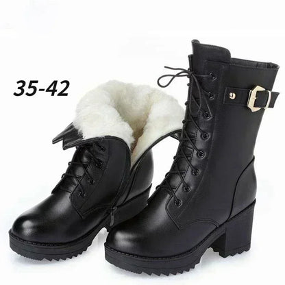 2025 Winter Leather Women Winter Boots Thick Wool Warm Women High-heeled Genuine Boot High-quality Female Snow Boots Women Shoes.