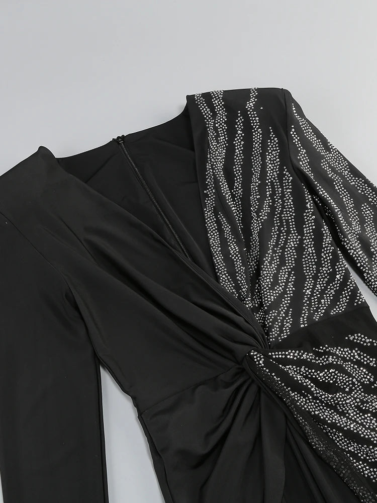 Sexy Deep V Neck Sparkly Diamonds Design Jumpsuit Women Long Sleeve Draped Wide Leg Jumpsuit Elegant Evening Club Costume Runway.