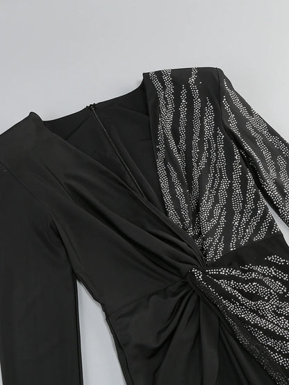 Sexy Deep V Neck Sparkly Diamonds Design Jumpsuit Women Long Sleeve Draped Wide Leg Jumpsuit Elegant Evening Club Costume Runway.