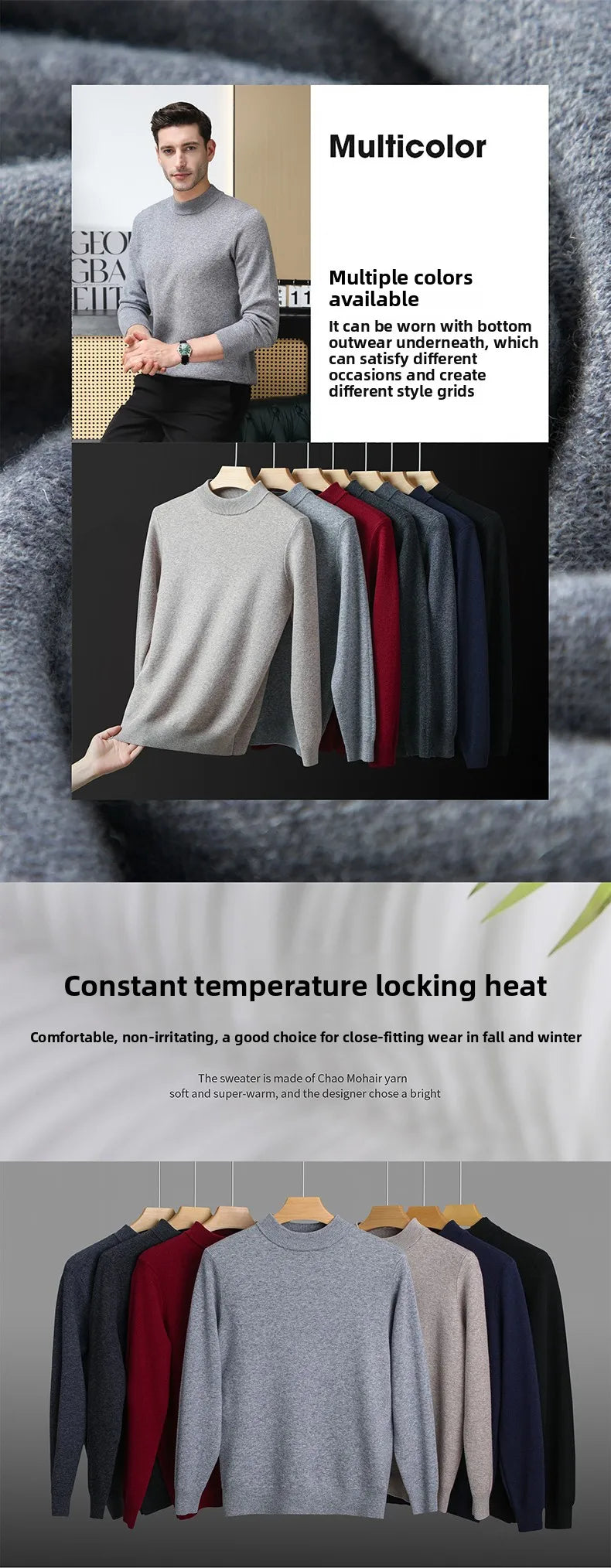 High End 100% Wool Thick New Autum Winter Fashion Brand Pullover Knit Half Turtleneck Business Sweater Casual Men Clothing.