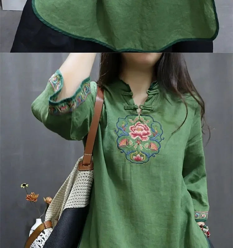 Damen-Bluse im Vintage-Stil aus Baumwolle und Leinen, mittellang, siebte Ärmel, Stickerei, ethnischer Rock mit lockerer Passform, chinesischer Stil.