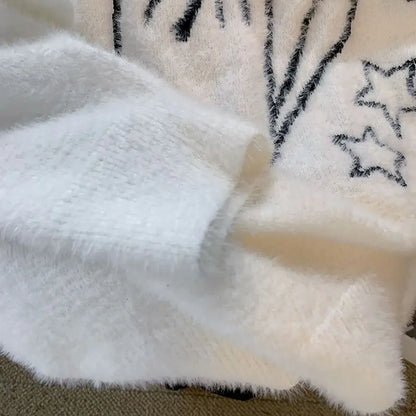 Vintage Preppy Kawaii Cartoon Jacquard Pullover Süße Harajuku Lose Grunge Pullover Y2k Ästhetische Frauen Weiße Gestrickte Pullover.