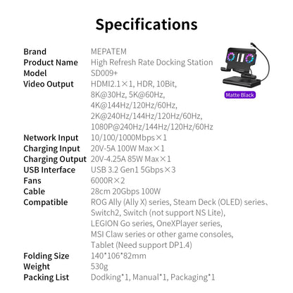 6 In 1 Rgb Dual Fans Docking Station for Rog Ally Steamdeck Game Console Dock Adjustable Height Dock Bracket with Hdmi 4K 60Hz.
