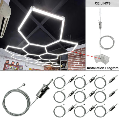 Hexagon Light Adjustable Suspension Rope and Splicing Connector All Copper 2Pin V/Y/L/T/I Cable LED Tube Lamp for Garage Ceiling.