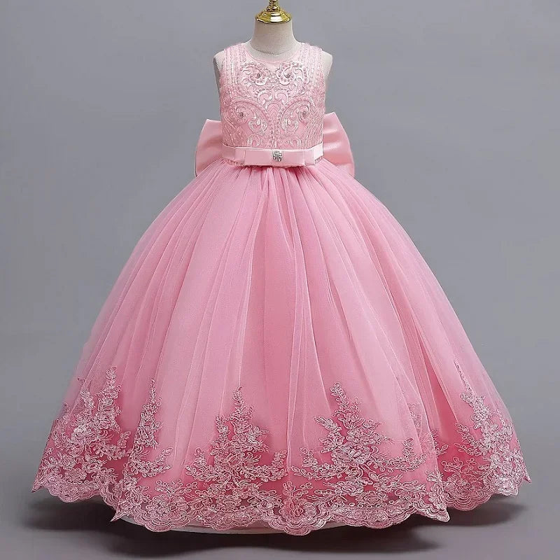 Gesticktes Mesh-Hochzeitskleid, Blumenmädchen-Performance-Mädchenkleid, 4–12 Jahre altes Mädchen-Prinzessinnenkleid mit großer Schleife.