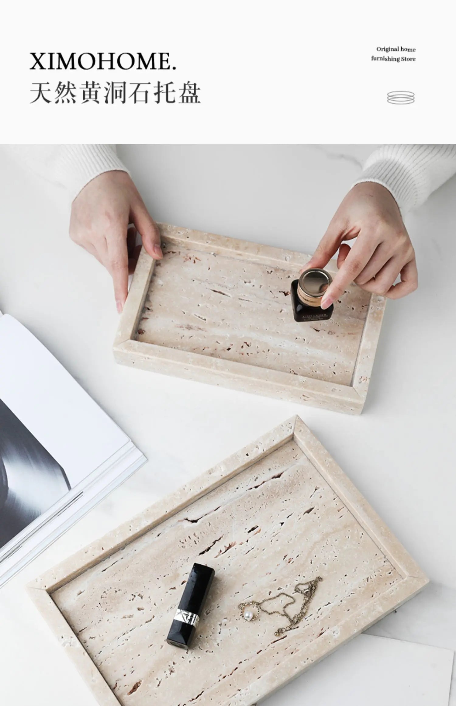 Minimalism Marble Tray for Perfume Candles Jewelry Travertine Stone Vanity Tray for Dresser Countertop Coffee Table Serving.
