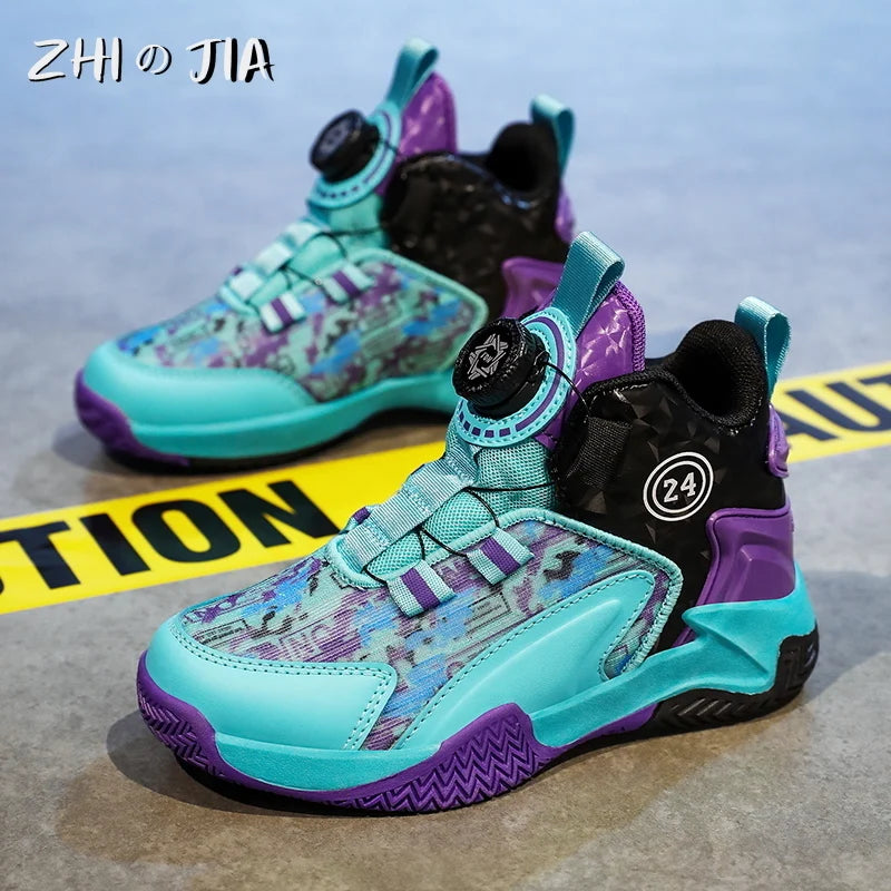 Children's Autumn New Rotary Buckle Mesh Breathable Basketball Shoes Boys Fashion Trend Sneaker Anti Slip Running Footwear 31-40.