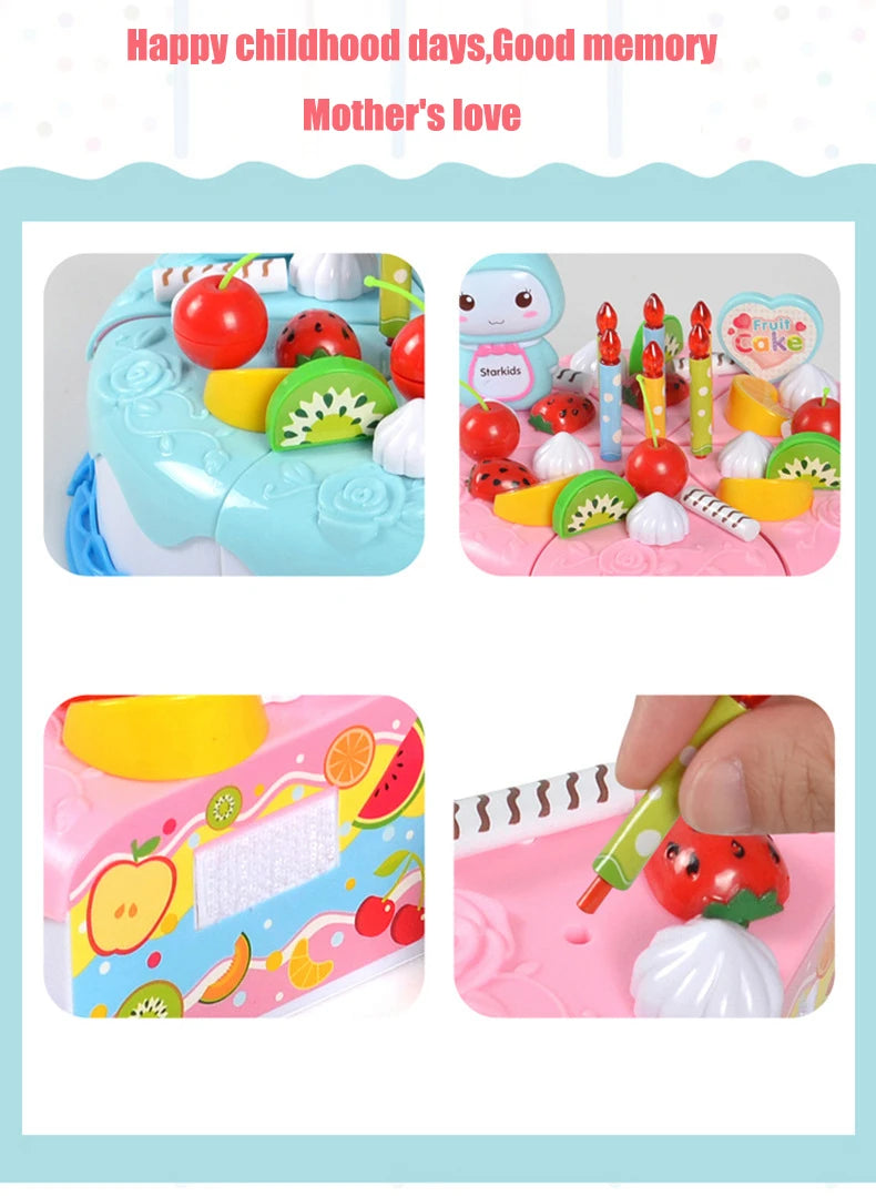 Kids Toy Simulation DIY Birthday Cake Model Kitchen Pretend Play House Cutting Fruit Food Toy for Toddler Children Gift Boy Girl.
